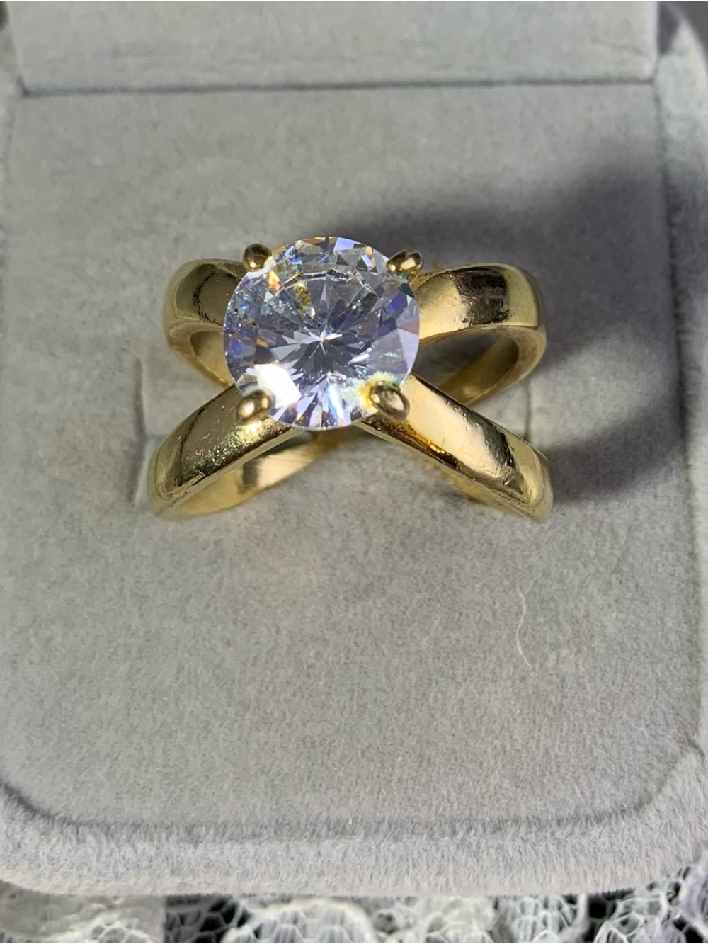 Vintage Gold Crisscross Ring with Clear Solitaire Center 9.5